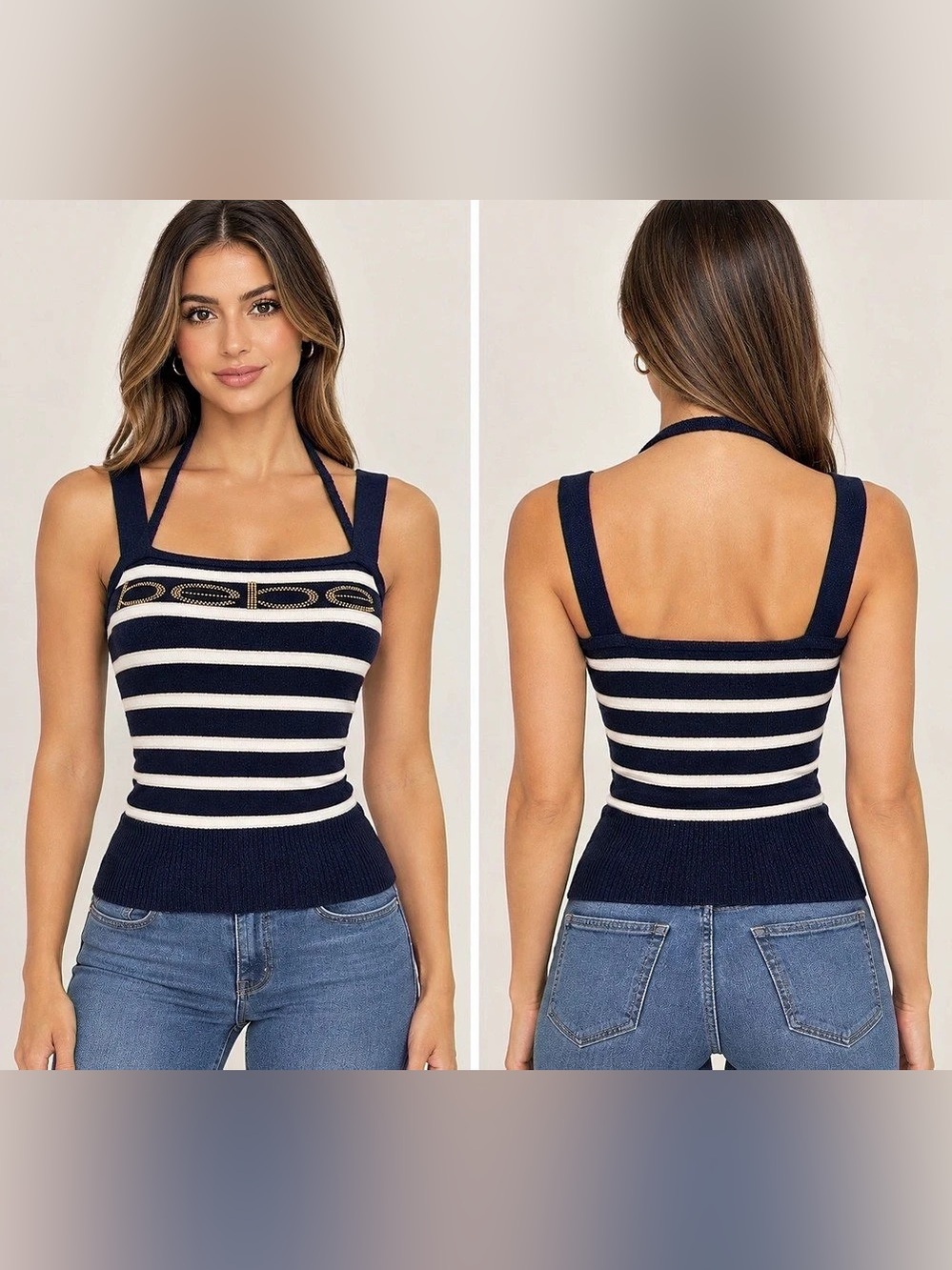 bebe Striped Rhinestone Halter Tank Blue & White